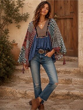 Sz S Ivy Jane Patchwork Print Chambray Boho Shirt